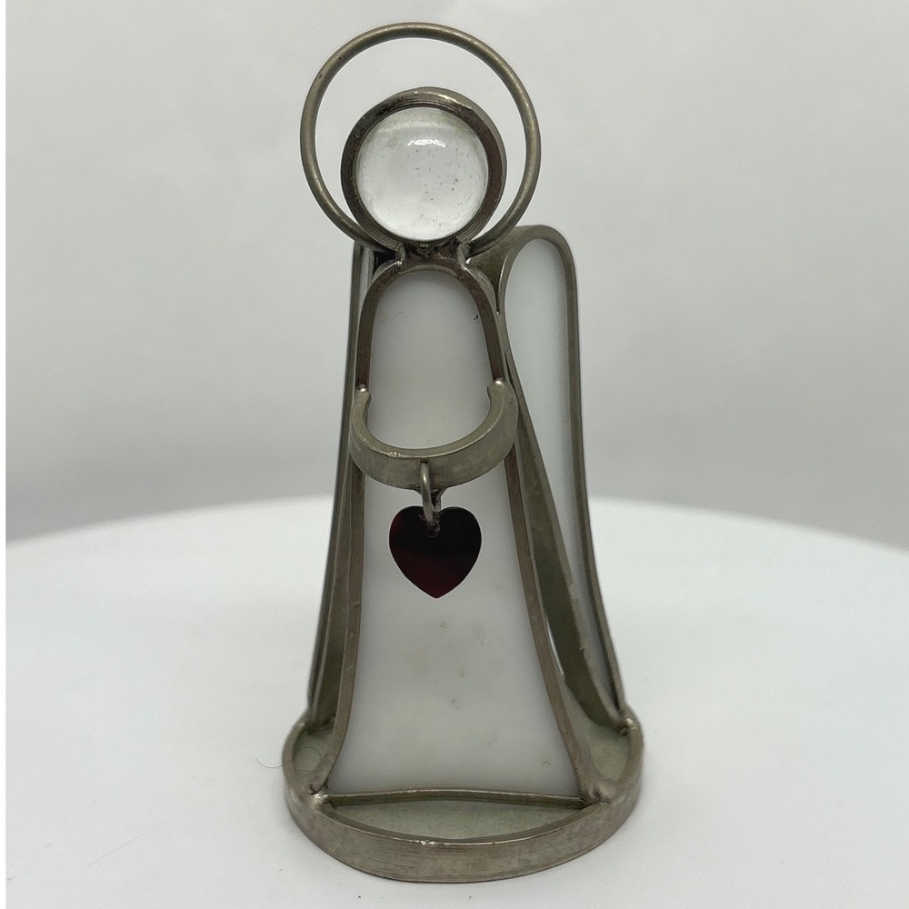 Stained Glass Angel Figurine White Slag Glass Red Heart Charm January Birthstone